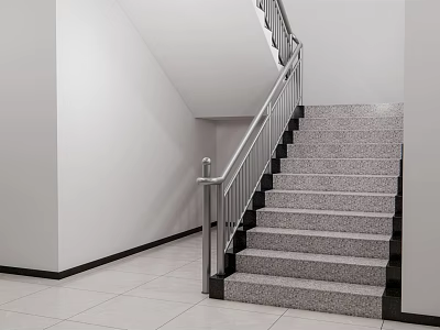 Modern Indoor Staircase With Metal Railing Gray Treads White Walls And Tile Floor 3d model