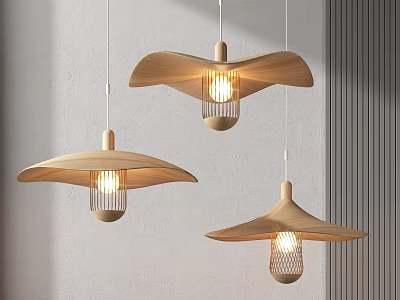 Wooden Saucer Shaped Pendant Lights With Metal Cage And Light Bulb On Grey Textured Wall 3d model
