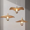 Wooden Saucer Shaped Pendant Lights With Metal Cage And Light Bulb On Grey Textured Wall