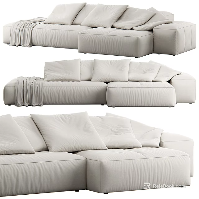 Comfortable Light Colored Modern Sectional Sofa With Soft Cushions And Blanket 3d model 
