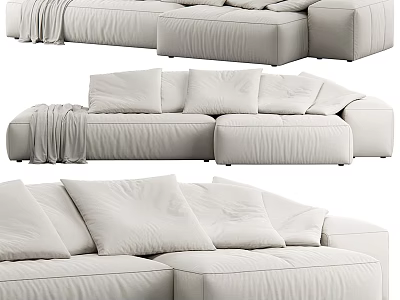 Comfortable Light Colored Modern Sectional Sofa With Soft Cushions And Blanket 3d model