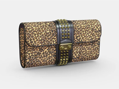 Leopard Print Clutch Bag With Black Strap Gold Studs And Gold Lock 3d model