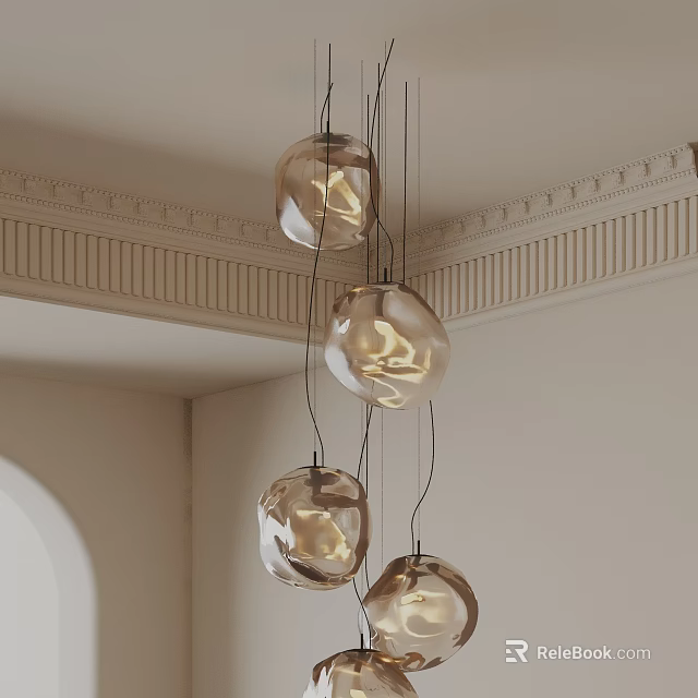 Elegant Spherical Glass Pendant Lights Hanging From Modern Decorative Ceiling Molding 3d model 
