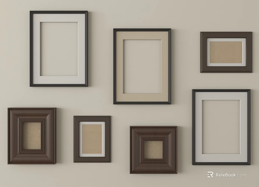 Various Picture Frames Hanging On Wall With Different Colors And Styles 3d model 