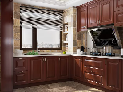 Brown Wooden Kitchen Cabinets With White Countertop And City Window View 3d model