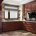Brown Wooden Kitchen Cabinets With White Countertop And City Window View