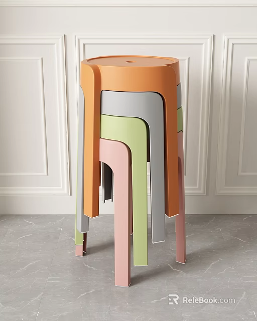 Colorful Stacked Modern Stools in Minimalist Interior with White Walls and Gray Floor 3d model 