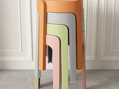 Colorful Stacked Modern Stools in Minimalist Interior with White Walls and Gray Floor 3d model