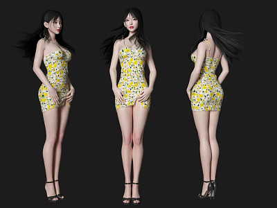Woman Wearing Yellow Floral Bodycon Dress And Black High Heels In Three Views 3d model