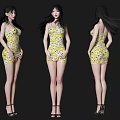 Woman Wearing Yellow Floral Bodycon Dress And Black High Heels In Three Views