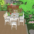Water Fountain in Courtyard Garden with Lush Greenery Wooden Deck and Trees
