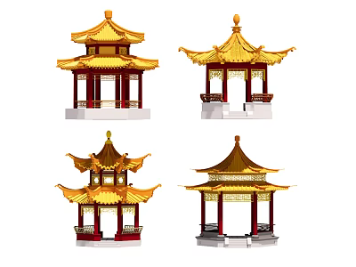 Various Styles Of Traditional Chinese Pavilions With Golden Roofs And Red Pillars 3d model