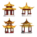 Various Styles Of Traditional Chinese Pavilions With Golden Roofs And Red Pillars