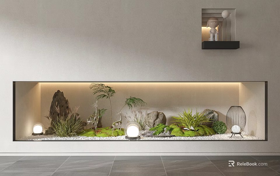 Minimalist Indoor Landscape Design With Built in Planter Stones Green Plants And Round Lights 3d model 