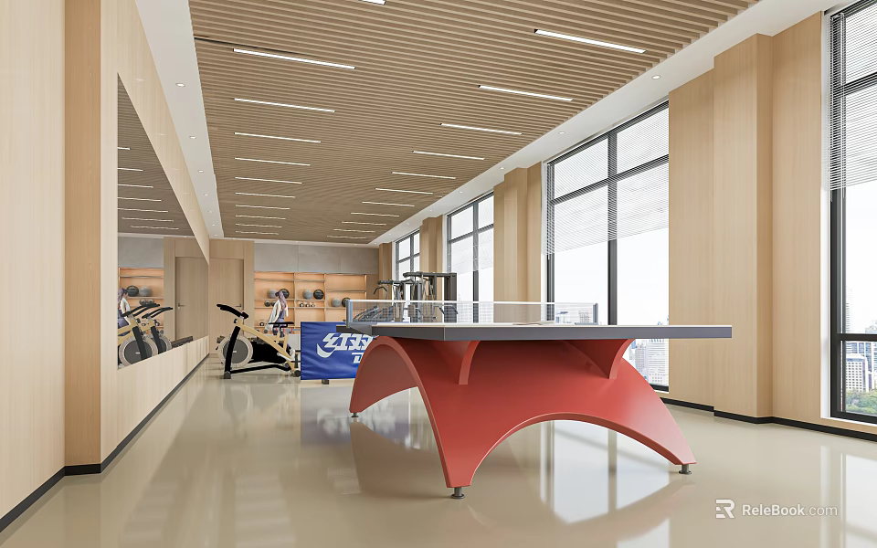 Modern Indoor Sports Area With Ping Pong Table And Fitness Equipment 3d model 