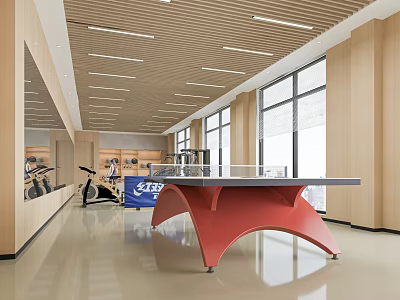 Modern Indoor Sports Area With Ping Pong Table And Fitness Equipment 3d model