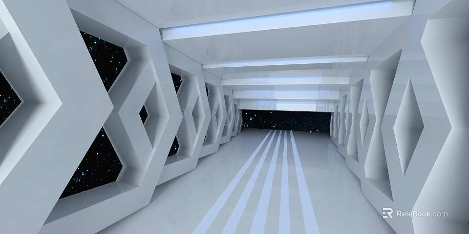 White Elevator Corridor With Geometric Patterns Starry Sky Windows Blue Lighting And Striped Floor 3d model 