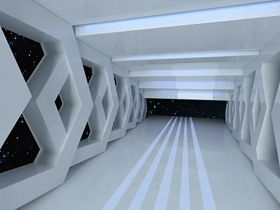 White Elevator Corridor With Geometric Patterns Starry Sky Windows Blue Lighting And Striped Floor 3d model