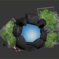 Modern Landscape With Black Rocks Blue Glowing Pool Green Plants And Red Mushrooms
