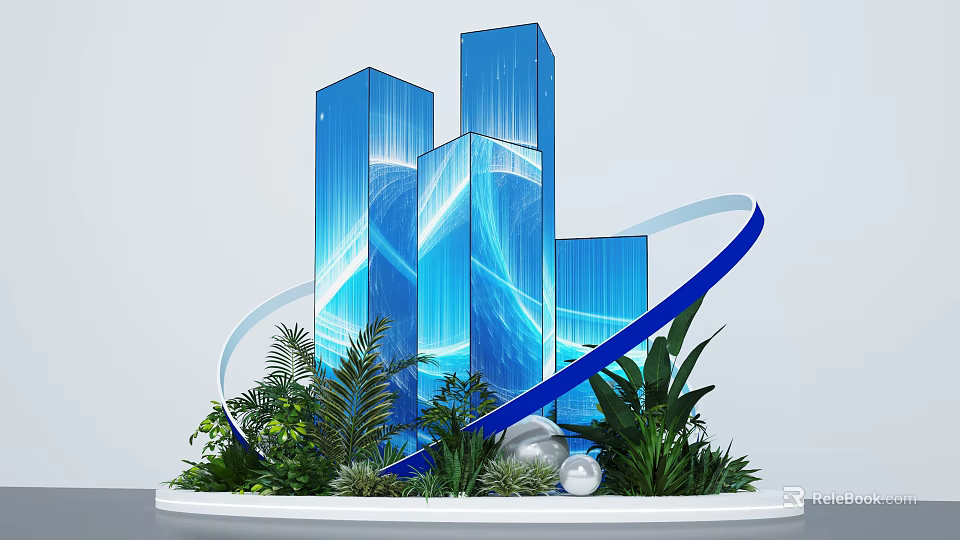 Photo Spot With Blue Tall Buildings Blue Curved Decorations Green Plants And White Spheres 3d model 