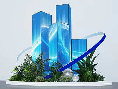 Photo Spot With Blue Tall Buildings Blue Curved Decorations Green Plants And White Spheres 3d model
