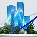 Photo Spot With Blue Tall Buildings Blue Curved Decorations Green Plants And White Spheres