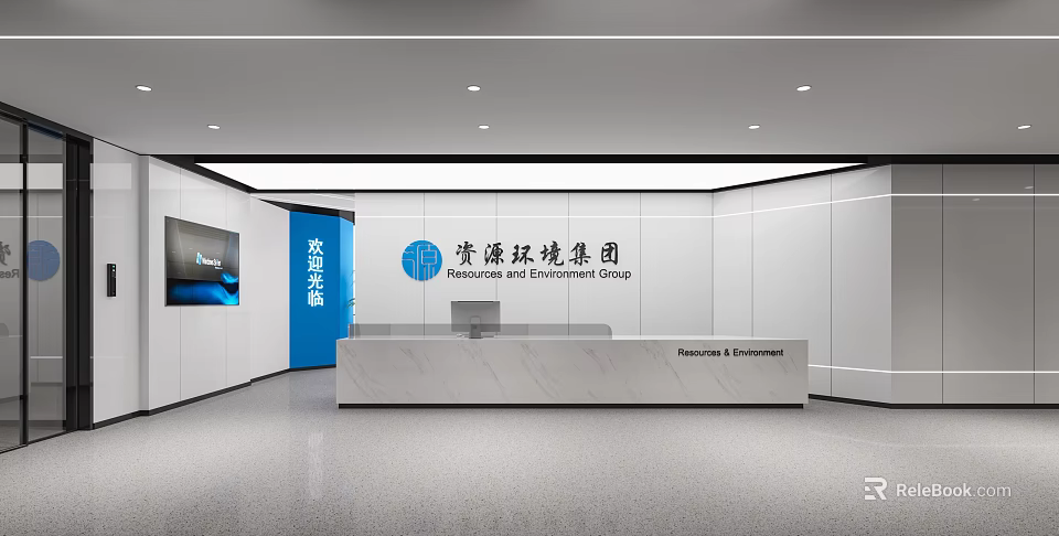 Modern Minimalist Marble Corporate Reception Desk For Spacious Bright Office Lobby Interior Design 3d model 