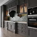 Dark Gray Kitchen Cabinets With Green Herringbone Backsplash Marble Countertop And Built In Appliances