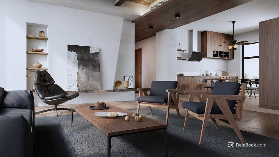 Modern Living and Dining Area Interior With Wooden Furniture Coffee Table Artwork and Open Layout 3d model 