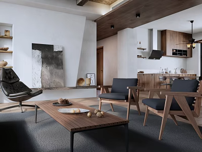 Modern Living and Dining Area Interior With Wooden Furniture Coffee Table Artwork and Open Layout 3d model