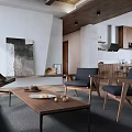Modern Living and Dining Area Interior With Wooden Furniture Coffee Table Artwork and Open Layout