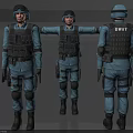 Three SWAT Men in Blue Uniforms with Tactical Vests Helmets Gear Front Side Back Views
