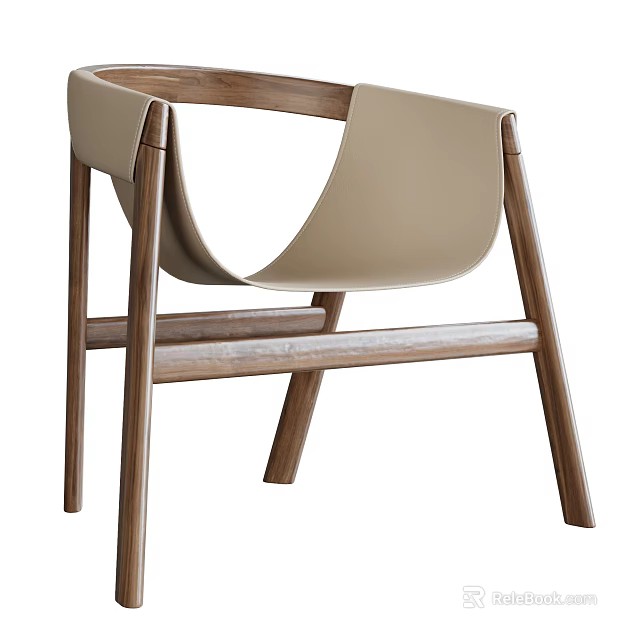 Sleek Modern Dining Chair With Walnut Wood Frame And Beige Curved Seat Design 3d model 