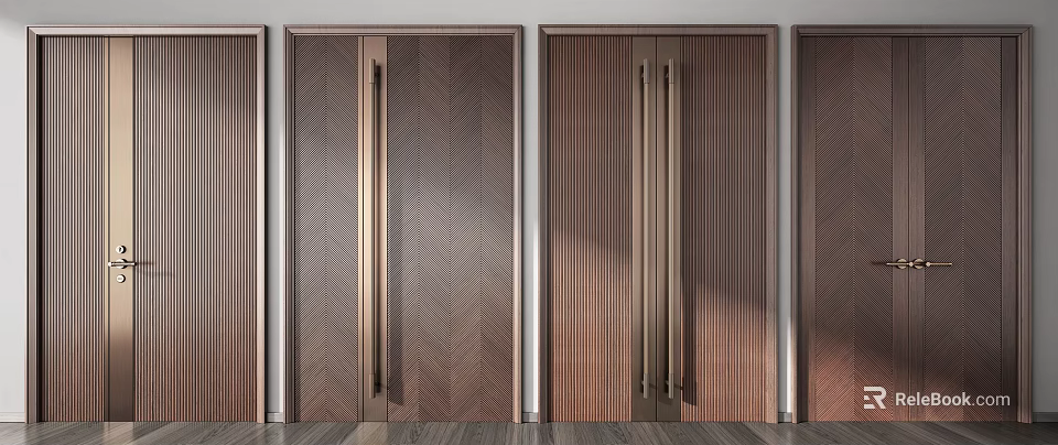Modern Wooden Double Doors With Herringbone Pattern And Metal Handles For Interior Design 3d model 