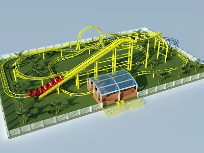 Amusement Roller Coaster With Yellow Track Red Cars Glass Roof Green Lawn And Palm Trees 3d model
