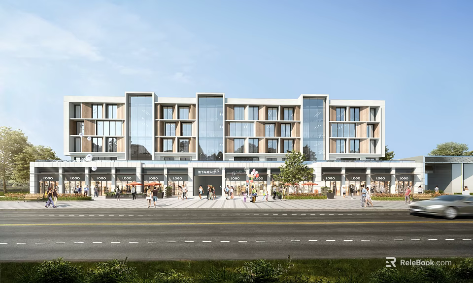 Modern Urban Apartment Building With Glass Curtain Walls Wooden Elements And Ground Floor Shops 3d model 