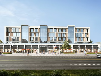Modern Urban Apartment Building With Glass Curtain Walls Wooden Elements And Ground Floor Shops 3d model