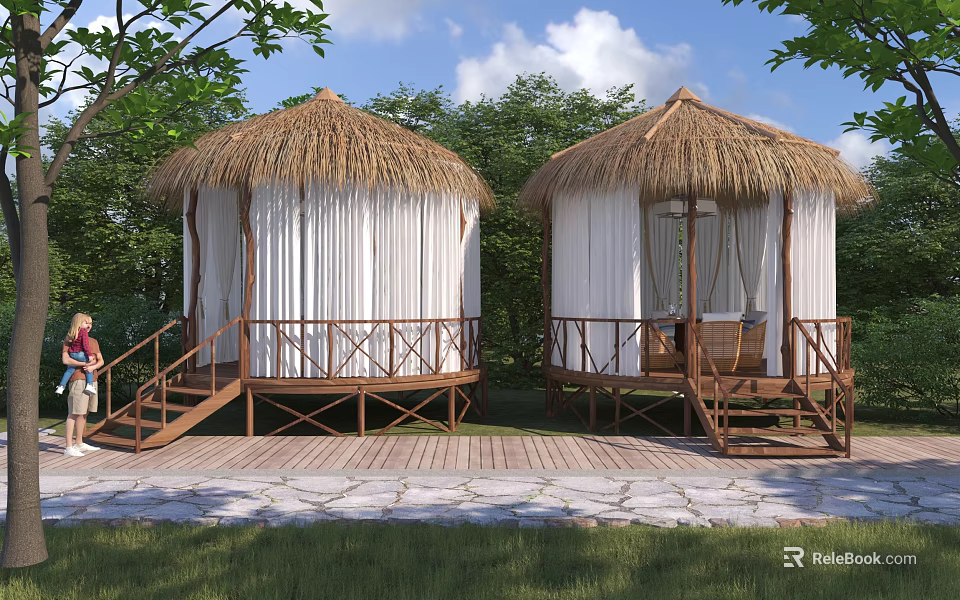 Two Thatched Roof Round Huts with White Curtains and Wooden Stairs in Green Garden 3d model 