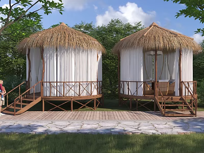Two Thatched Roof Round Huts with White Curtains and Wooden Stairs in Green Garden 3d model