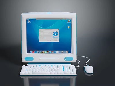 Vintage Computer with Monitor Keyboard and Mouse in White and Blue Design Displaying Screen Interface 3d model