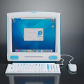 Vintage Computer with Monitor Keyboard and Mouse in White and Blue Design Displaying Screen Interface