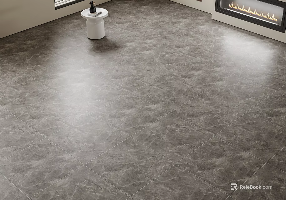 Gray Textured Stone Floor Surface In Modern Living Room With Fireplace And Side Table 3d model 