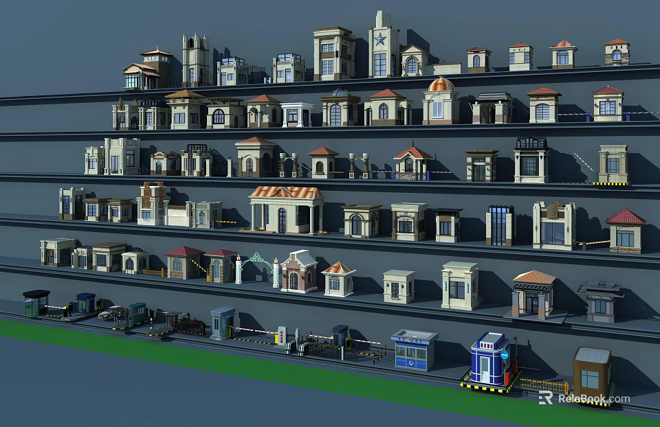Various Model Buildings In Different Styles Arranged On Multiple Shelves With Small Vehicles 3d model 
