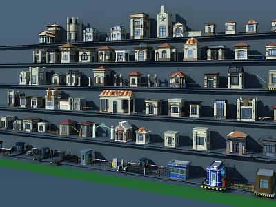 Various Model Buildings In Different Styles Arranged On Multiple Shelves With Small Vehicles 3d model