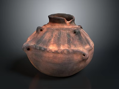 Rustic Handcrafted Ancient Brown Pottery Jar With Textured Surface And Decorative Protrusions 3d model