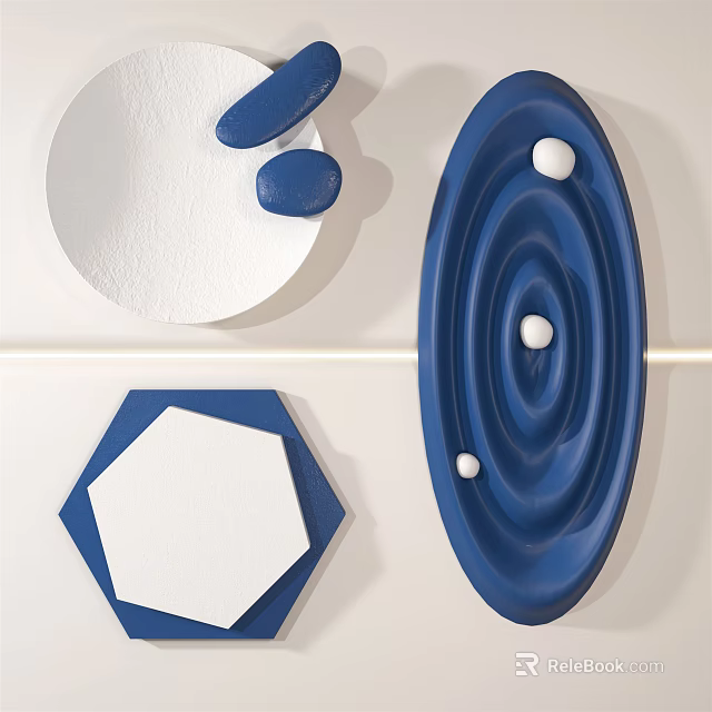 Modern Wall Decor With Blue White Geometric Shapes Oval Hexagon And Circular Accents 3d model 