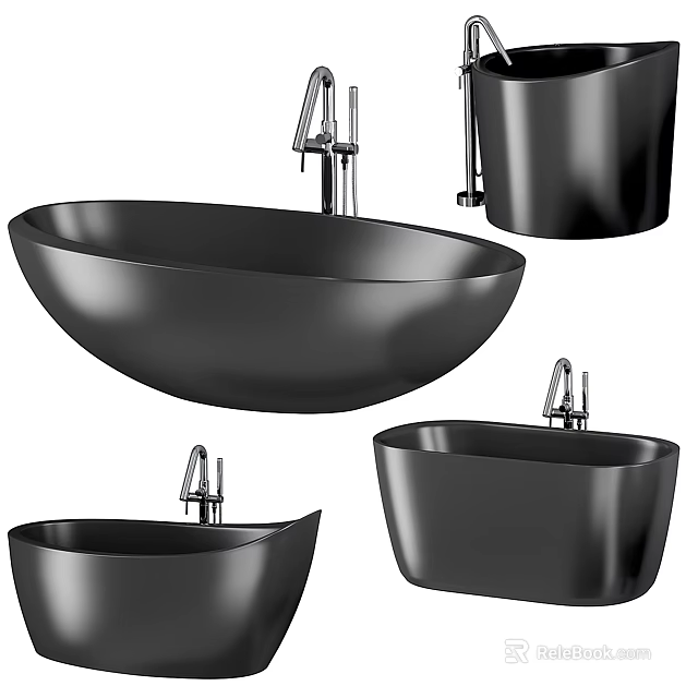 Elegant Modern Black Bathtub Design With Different Shapes And Chrome Faucet 3d model 