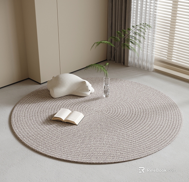 Round Woven Rug In Minimalist Room With Book Sculpture And Plant 3d model 