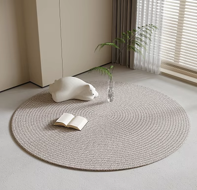 Round Woven Rug In Minimalist Room With Book Sculpture And Plant 3d model
