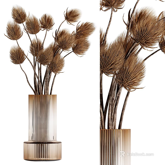 Dried Brown Fluffy Flowers In Golden Ribbed Vase For Home Decor 3d model 